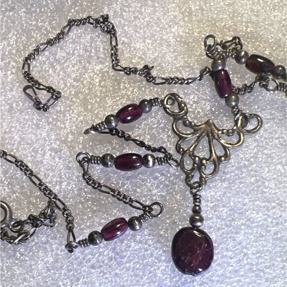 Italian Sterling Silver 925 18" Filigree Necklace Garnet Cabochon Drop KM Maker - Picture 3 of 14